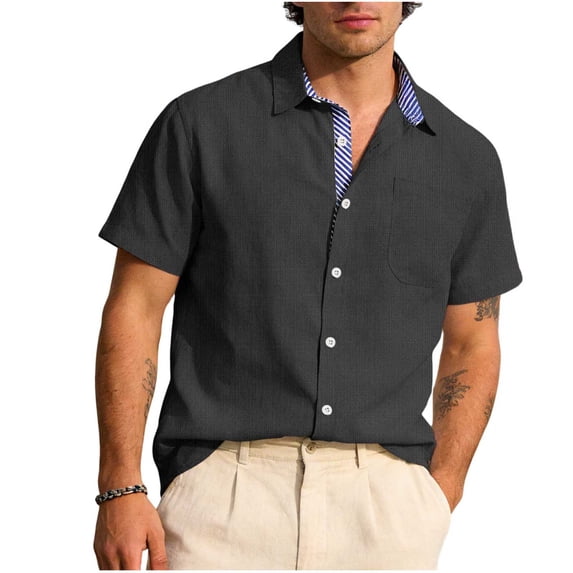 Lenpel Men's Cotton Linen Shirts Casual Short Sleeve Collared Striped Trim Button down Shirts Beach Summer Tops with Pocket
