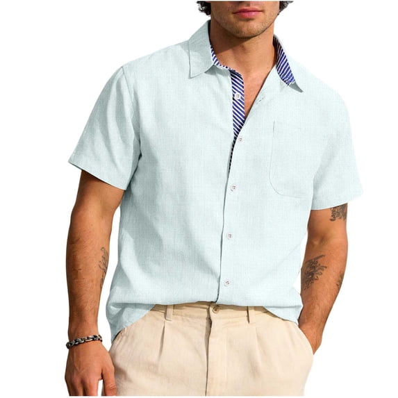 Lenpel Men's Cotton Linen Shirts Casual Short Sleeve Collared Striped Trim Button down Shirts Beach Summer Tops with Pocket