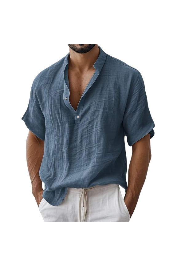 Men's Cotton Linen Shirts Short Sleeve Half Button Casual Henley Shirts Beach Vacation T-Shirts Summer Tee Tops
