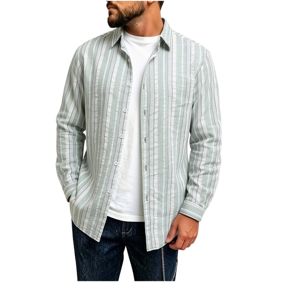 Lenpel Men's Cotton Linen Shirts Striped Dressy Casual Collared Long Sleeve Button down Shirts Lightweight Business Office Work Tops(Mint Green aa1,XX-Large)