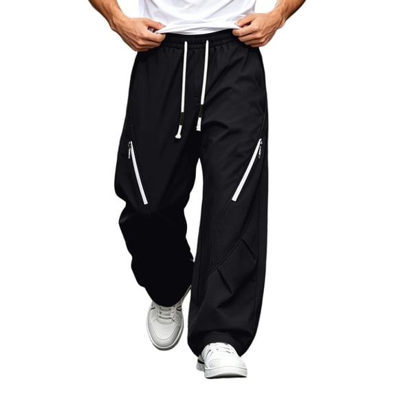 Lenpel Men's Hiking Pants Trendy Drawstring Low Rise Pants with Zipper Pockets Wide Leg Workout Trousers Fall Clothes(Black,Medium)