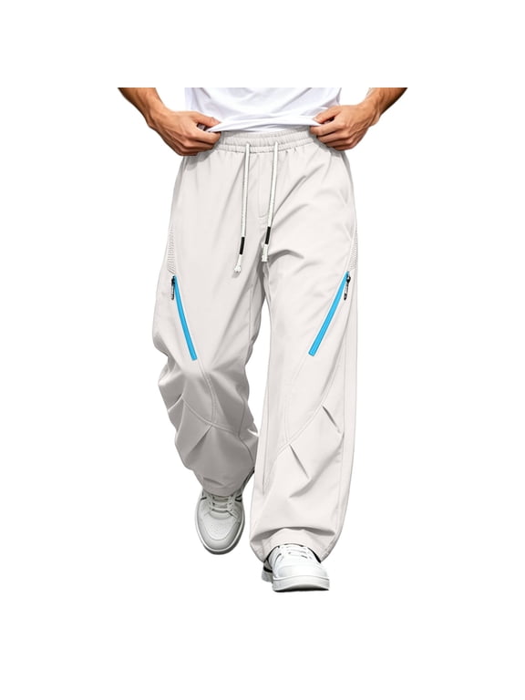 Men's Hiking Pants Trendy Drawstring Low Rise Pants with Zipper Pockets Wide Leg Workout Trousers Fall Clothes(White,X-Large)
