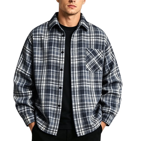 Lenpel Men's Oversized Shirts Plaid Long Sleeve Collared Button down Shirts Casual Loose Work Tops with Pocket Fall Clothes(Navy,XX-Large)