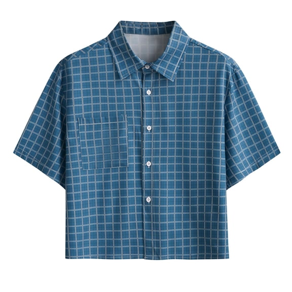 Lenpel Men's Plaid Button down Shirts Short Sleeve Collared Crop Tops Summer Casual Cropped Shirts with Pocket