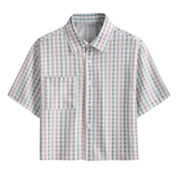 Lenpel Men's Plaid Button down Shirts Short Sleeve Collared Crop Tops Summer Casual Cropped Shirts with Pocket