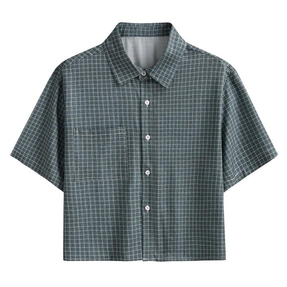 Lenpel Men's Plaid Button down Shirts Short Sleeve Collared Crop Tops Summer Casual Cropped Shirts with Pocket