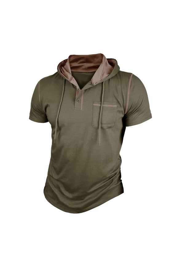 Men's Short Sleeve Hoodies Lightweight Quarter Button Drawstring Color Block Hooded T-Shirts Sports Casual Shirts with Pocket