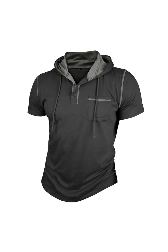 Men's Short Sleeve Hoodies Lightweight Quarter Button Drawstring Color Block Hooded T-Shirts Sports Casual Shirts with Pocket