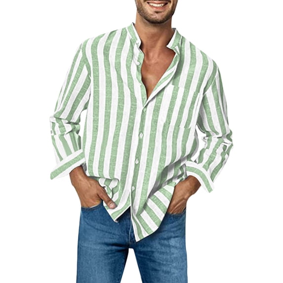 Lenpel Men's Striped Button down Shirts Cotton Long Sleeve Mock Neck Dress Shirts Casual Blouse Shirts with Pocket