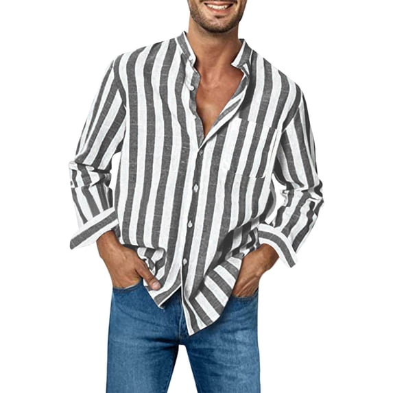 Lenpel Men's Striped Button down Shirts Cotton Long Sleeve Mock Neck Dress Shirts Casual Blouse Shirts with Pocket