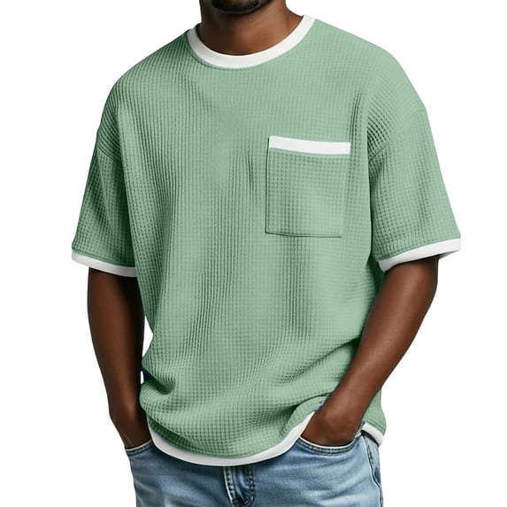 Lenpel Men's T-Shirts Breathable Short Sleeve Crew Neck Color Block Trim Textured Knit Tee Shirts Loose Casual Tops with Pocket