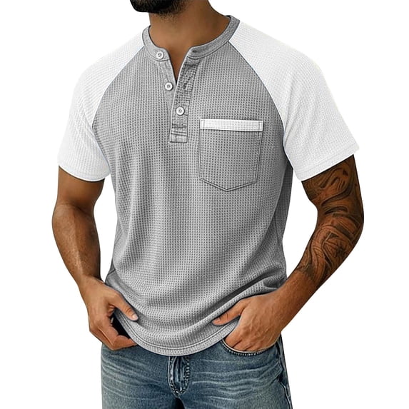 Lenpel Men's T-Shirts Short Sleeve Crew Neck Quarter Button Color Block Textured Knit Tees Casual Tee Tops with Pocket