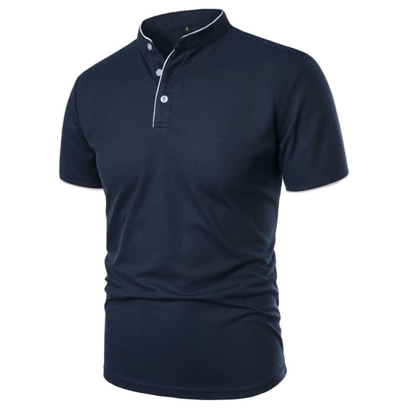 Lenpel Men's T-Shirts Short Sleeve Quarter Button Mock Neck Striped Trim Slim Tee Tops Summer Casual Tees