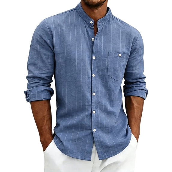 Lenpel Mens Button down Shirts Fashion Striped Long Sleeve Mock Neck Shirts with Pocket Business Office Work Tops Fall Clothes(Blue,X-Large)