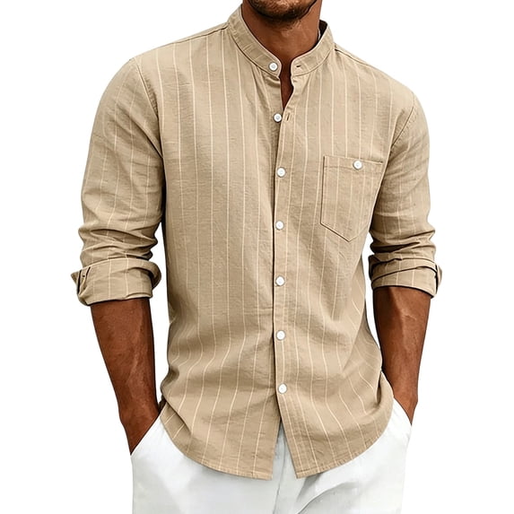 Lenpel Mens Button down Shirts Fashion Striped Long Sleeve Mock Neck Shirts with Pocket Business Office Work Tops Fall Clothes(Khaki,Small)