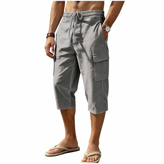 Lenpel Mens Capri Pants Casual Low Rise Wide Leg Cropped Trousers with Pockets Lightweight Breathable Drawstring Capris(Gray,Medium)