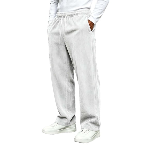 Lenpel Mens Casual Pants Corduroy Fall Elastic Drawstring Waisted Pants with Pockets Plain Straight Leg Loose Warm Trousers(White,X-Large)