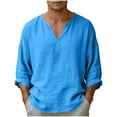 thumbnail image 1 of Lenpel Mens Cotton Linen Shirts V Neck Long Sleeve Basic Tee Shirts Casual Lightweight Solid Color Pullover Tops(Navy,Medium), 1 of 7