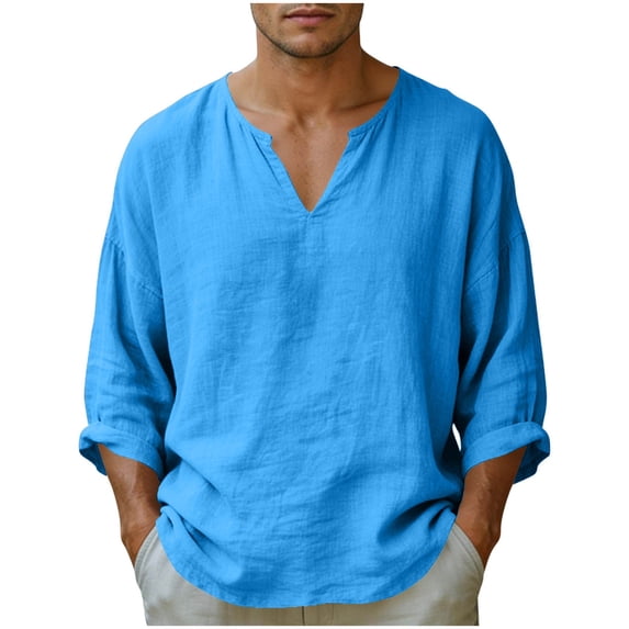 Lenpel Mens Cotton Linen Shirts V Neck Long Sleeve Basic Tee Shirts Casual Lightweight Solid Color Pullover Tops(Navy,Medium)