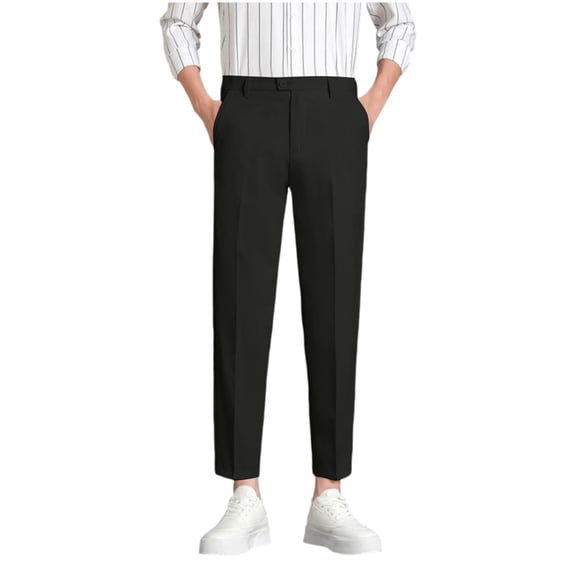 Lenpel Mens Dress Cropped Pants Plain Tapered Office Work Pants with Pockets Trendy Button Business Casual Ankle Trousers Fall Clothes(Black,Medium)