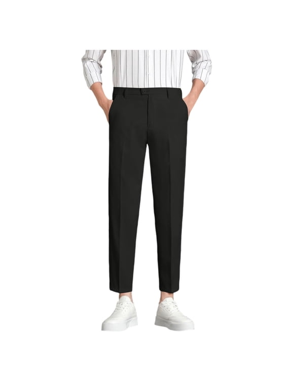 Mens Dress Cropped Pants Plain Tapered Office Work Pants with Pockets Trendy Button Business Casual Ankle Trousers Fall Clothes(Black,Medium)