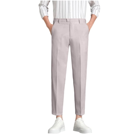 Lenpel Mens Dress Cropped Pants Plain Tapered Office Work Pants with Pockets Trendy Button Business Casual Ankle Trousers Fall Clothes(Gray,3X-Large)