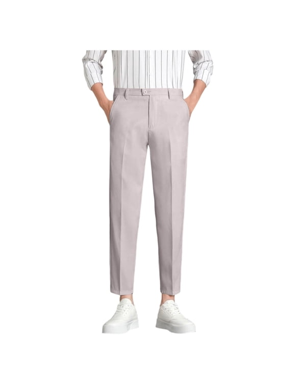 Mens Dress Cropped Pants Plain Tapered Office Work Pants with Pockets Trendy Button Business Casual Ankle Trousers Fall Clothes(Gray,Large)