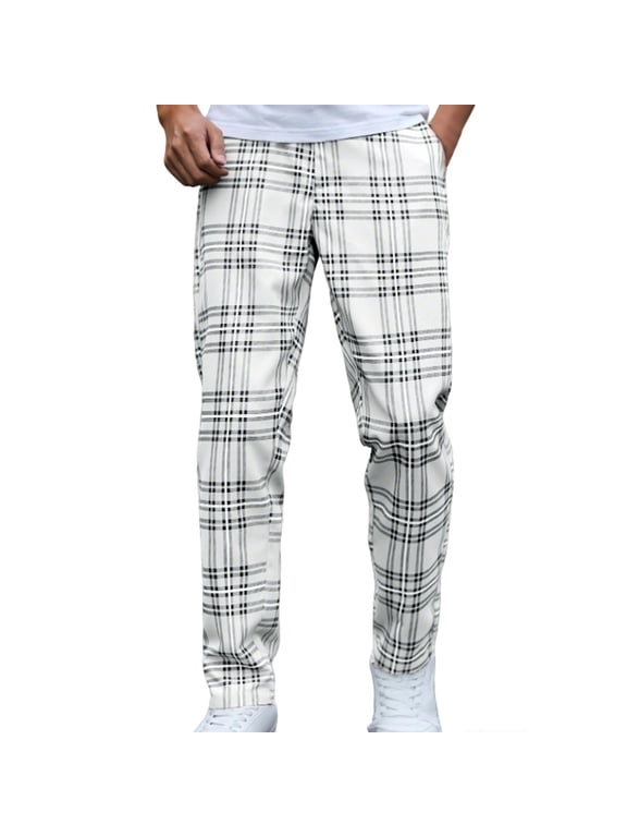 Mens Dress Pants Fall Plaid Straight Leg Office Pants Trendy Button Business Casual Trousers with Pockets(White,X-Large)