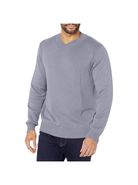 Mens Long Sleeve Sweaters Basic V Neck Knitted Shirts Casual Solid Color Thermal Warm Coats Fall Outfits(Gray,XX-Large)