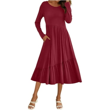 Lenpel Midi Dresses for Women Long Sleeve Crew Neck Tiered Flowy A-Line Dress Spring Fall Casual Dresses with Pockets