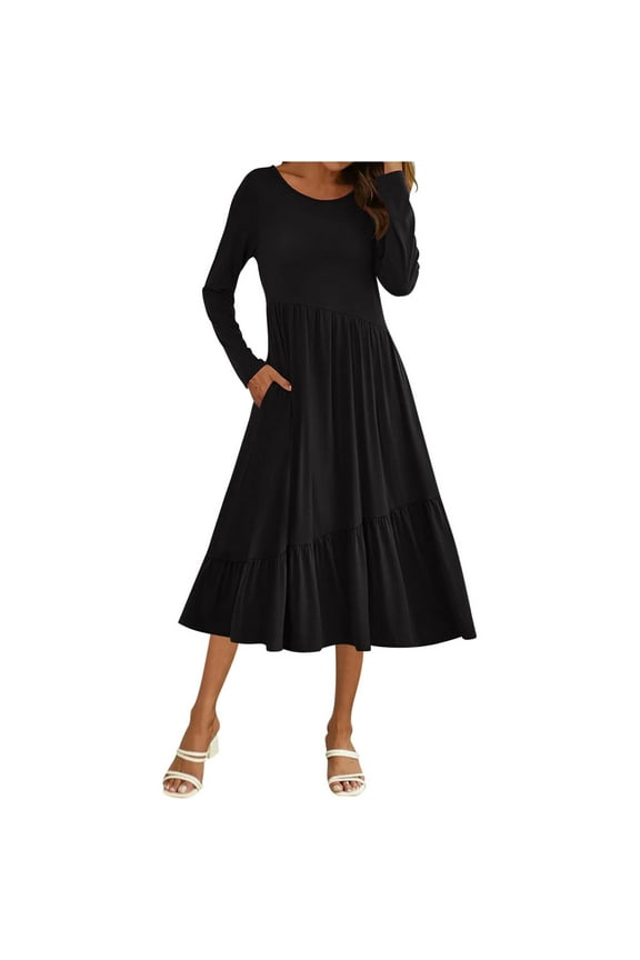 Midi Dresses for Women Long Sleeve Crew Neck Tiered Flowy A-Line Dress Spring Fall Casual Dresses with Pockets
