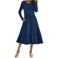 thumbnail image 1 of Lenpel Midi Dresses for Women Long Sleeve Crew Neck Tiered Flowy A-Line Dress Spring Fall Casual Dresses with Pockets, 1 of 5