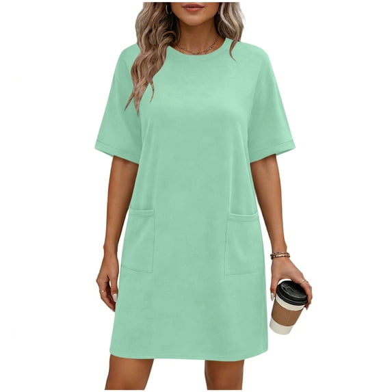 Lenpel Mini Nightgowns for Women Crew Neck Short Sleeve Sleep Dress with Pockets Casual Loose Fit Pullover Dress
