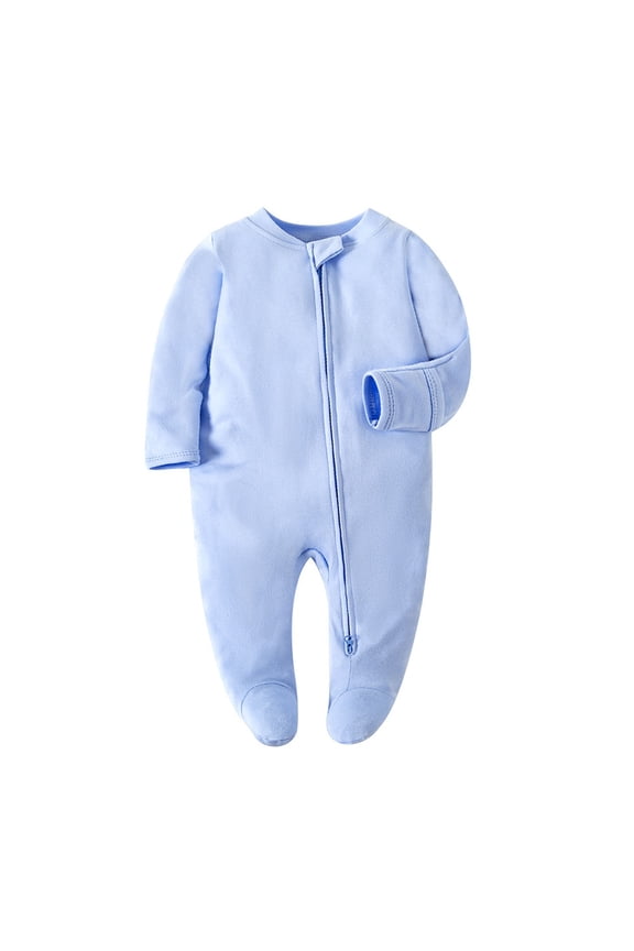 Newborn Baby Footed Jumpsuits Unisex Cotton Long Sleeve V Neck Zip up Footie Romper Pajamas One Piece Outfits(Light Blue,0-3 Months)