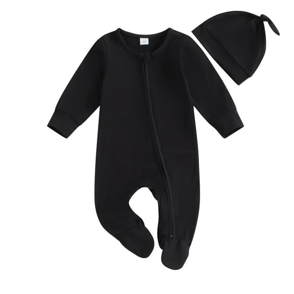 Lenpel Newborn Baby Girl Boy Clothes Unisex Long Sleeve Zipper Footed Romper with Warm Hat 2 PCs Clothing Set