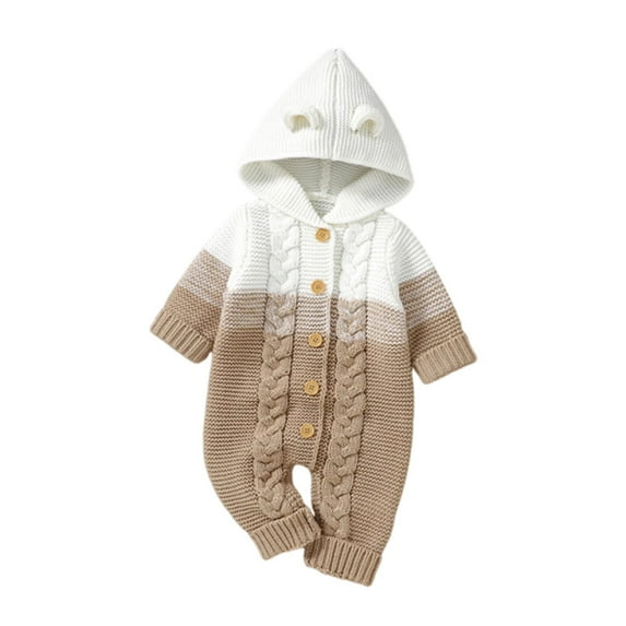 Lenpel Newborn Baby Hooded Jumpsuit Soft Warm Long Sleeve Color Block Knitted Sweater Romper Fall Winter Clothes