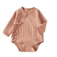 thumbnail image 1 of Lenpel Newborn Baby Kimono Bodysuits Cute Side Bow Tie Breathable Wrap Onesies Long Sleeve Fashion Button Casual Infant Jumpsuits(Brown,6-9Months), 1 of 6