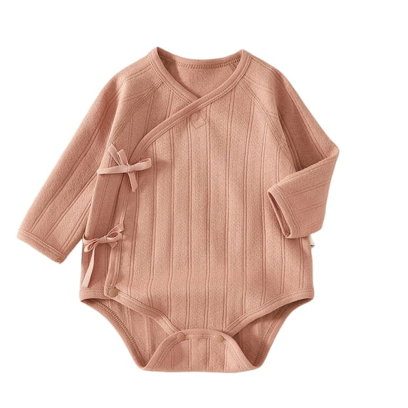 Lenpel Newborn Baby Kimono Bodysuits Cute Side Bow Tie Breathable Wrap Onesies Long Sleeve Fashion Button Casual Infant Jumpsuits(Brown,6-9Months)