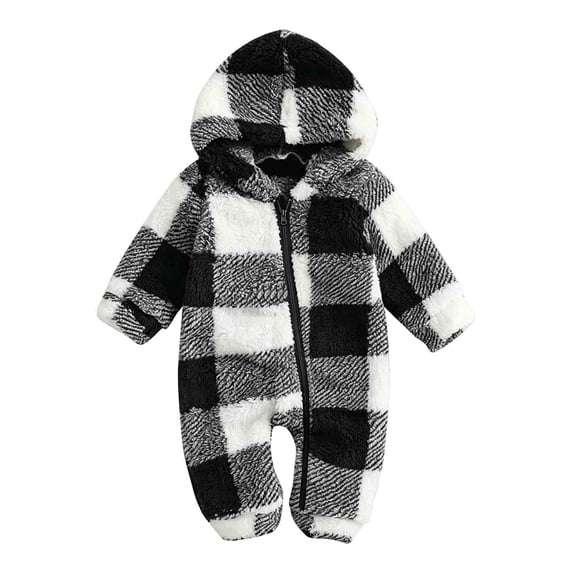 Lenpel Newborn Baby Onesies Fall Winter Plaid Fleece Long Sleeve Rompers Full Zip Hooded Thermal Bodysuits(Black,3-6Months)
