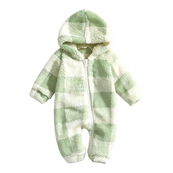Lenpel Newborn Baby Onesies Fall Winter Plaid Fleece Long Sleeve Rompers Full Zip Hooded Thermal Bodysuits(Green,12-18Months)
