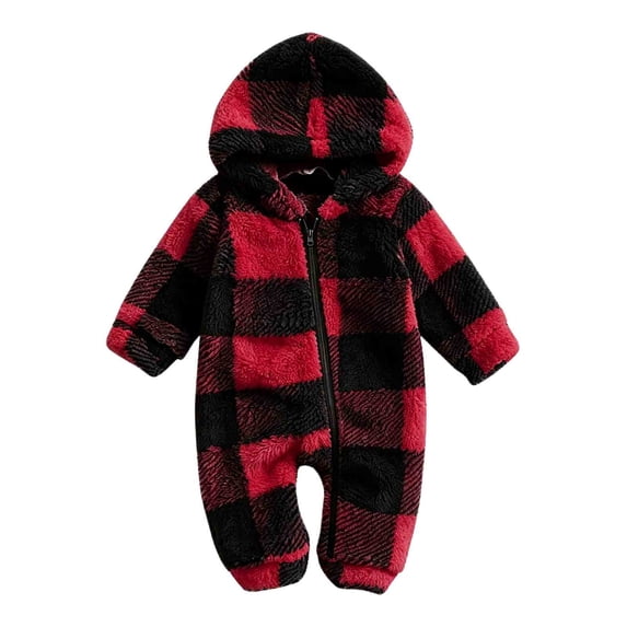 Lenpel Newborn Baby Onesies Fall Winter Plaid Fleece Long Sleeve Rompers Full Zip Hooded Thermal Bodysuits(Red,12-18Months)