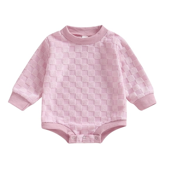 Lenpel Newborn Baby Sweater Bodysuits Fall Winter Warm Long Sleeve Crew Neck Plaid Rompers One Piece Outfits(Pink,9-12 Months)