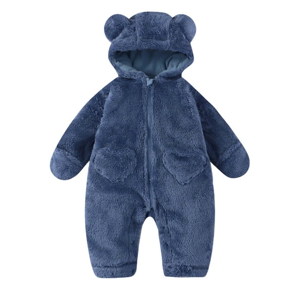 Lenpel Newborn Fuzzy Fleece Jumpsuits Baby Boy Girl Button Zip up Cute Ear Hooded Rompers Infant Plush Warm Snowsuits(Blue,0-3 Months)