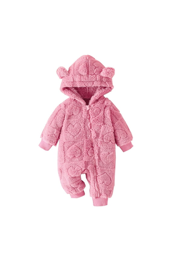 Newborn Fuzzy Fleece Jumpsuits Unisex Baby Boy Girl Onesie Warm Zip up Ear Hooded Rompers Infant Plush Outwear Snowsuits(Hot Pink,0-3 Months)
