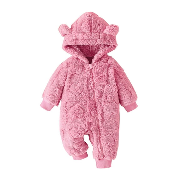 Lenpel Newborn Fuzzy Fleece Jumpsuits Unisex Baby Boy Girl Onesie Warm Zip up Ear Hooded Rompers Infant Plush Outwear Snowsuits(Hot Pink,3-6 Months)
