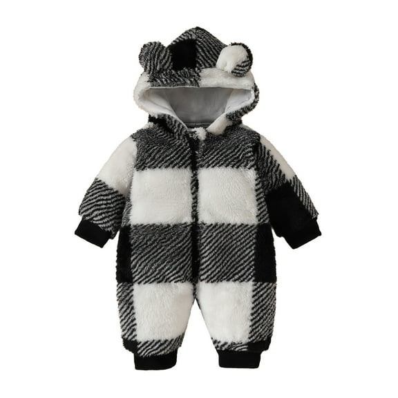 Lenpel Newborn Infant Fuzzy Fleece Jumpsuits Unisex Baby Boy Girl Zip up Ear Hooded Plaid Rompers Plush Warm Outwear Snowsuits(Black,6-9 Months)