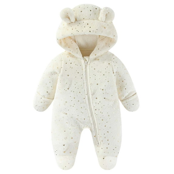 Lenpel Newborn Infant Fuzzy Fleece Snowsuits Winter Warm Printed Zip up Ear Hooded Jumpsuits Cute Plush Rompers for Baby Boys Girls(White,6-9 Months)