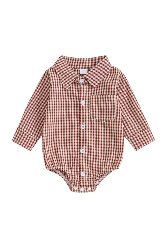 Newborn Plaid Bodysuits Unisex Baby Boy Girl Long Sleeve Button down Collared Infant Shirt Rompers Spring Fall Outfits(Red,12-18 Months)