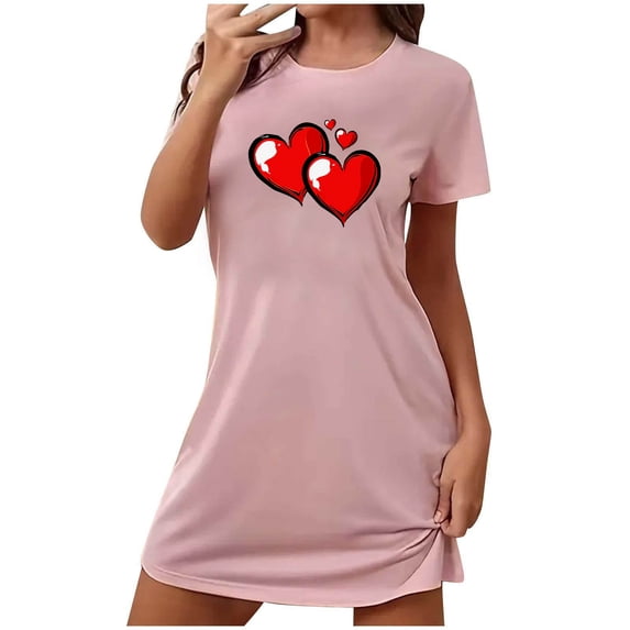 Lenpel Nightgown for Women Short Sleeve Crew Neck Valentine's Day Printed Nightshirts Soft Mini Nightdress