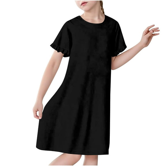 Lenpel Nightgowns for Toddler Girls Ruffle Short Sleeve Crew Neck Plaid Midi Pajama Dress Soft Comfy Nightdress 3-12 Y